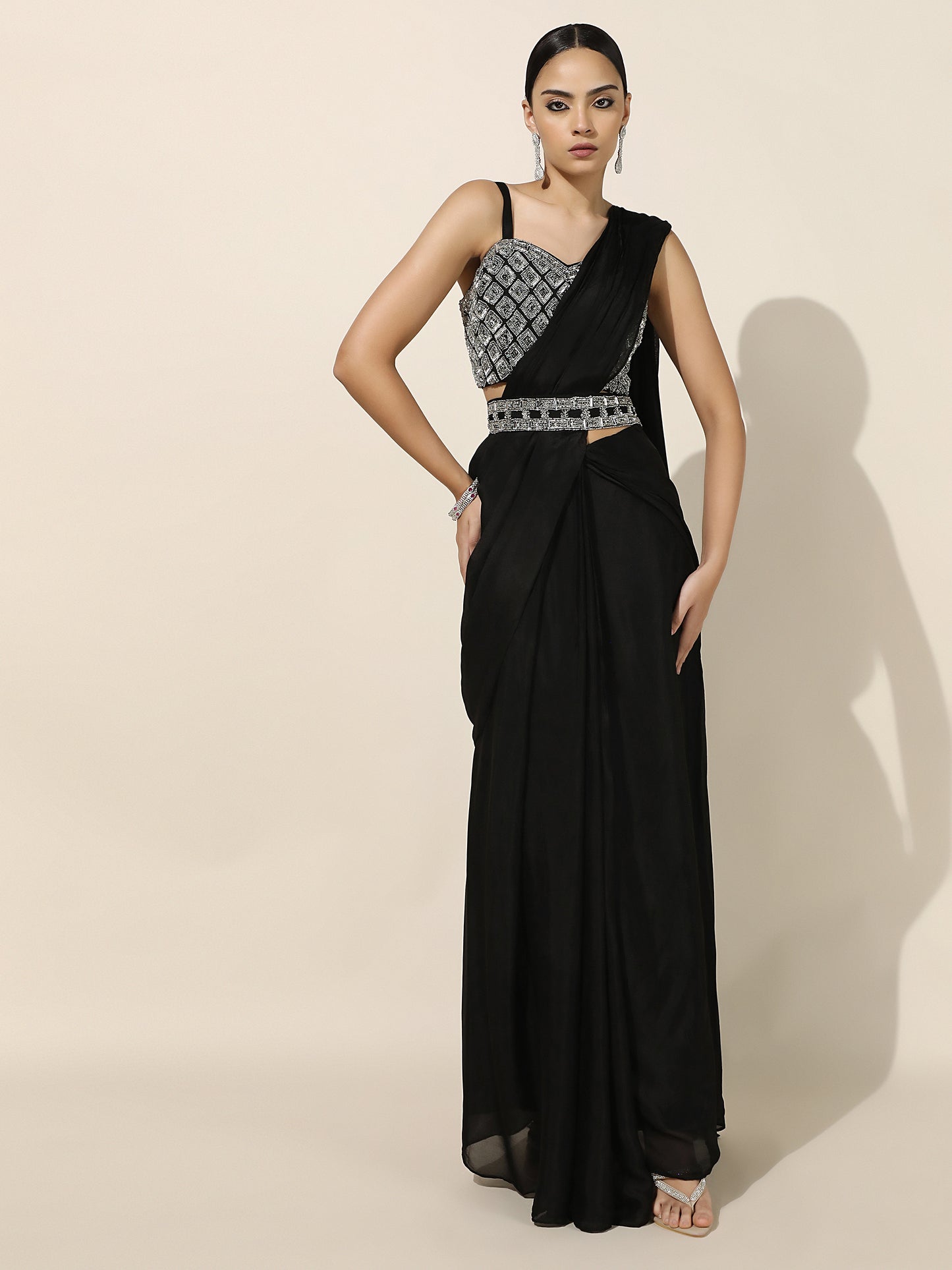 Black Crepe Drape Saree with Shoulder Embellished Cape and Detachable Belt
