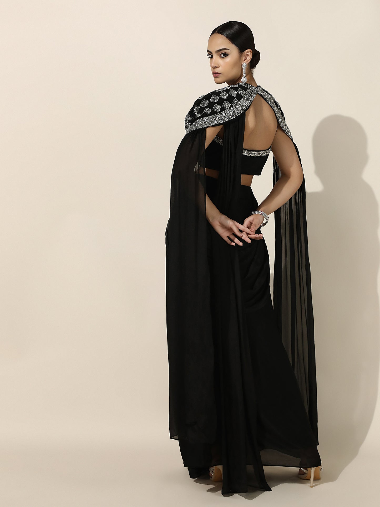Black Crepe Drape Saree with Shoulder Embellished Cape and Detachable Belt