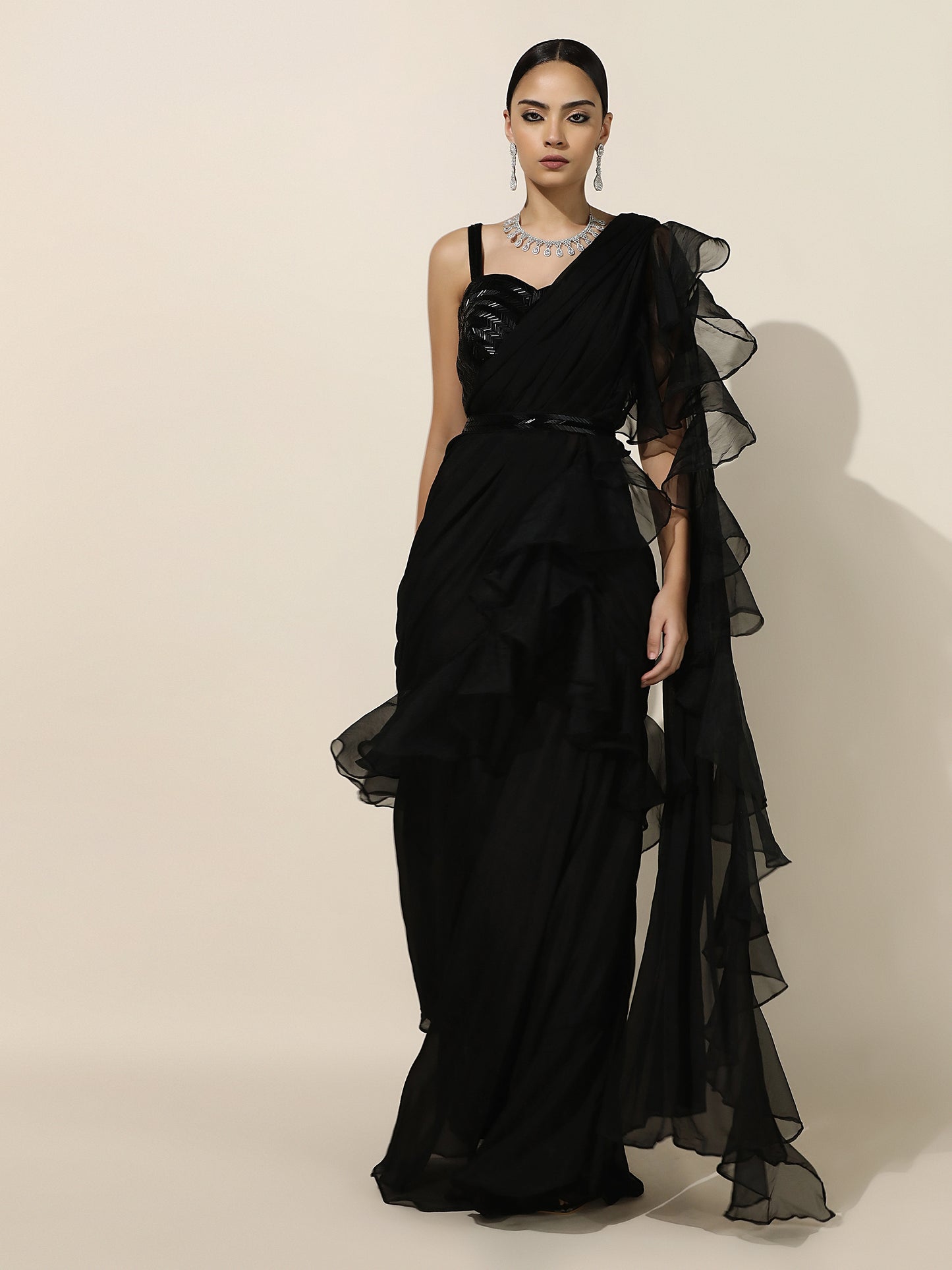 Black Crepe-Organza Ruffle Saree With Nalki Work Blouse