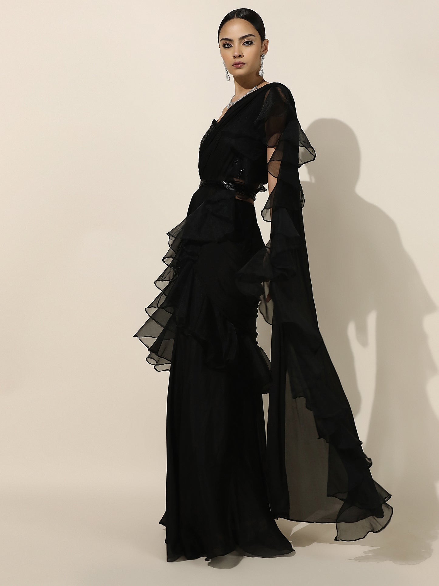 Black Crepe-Organza Ruffle Saree With Nalki Work Blouse