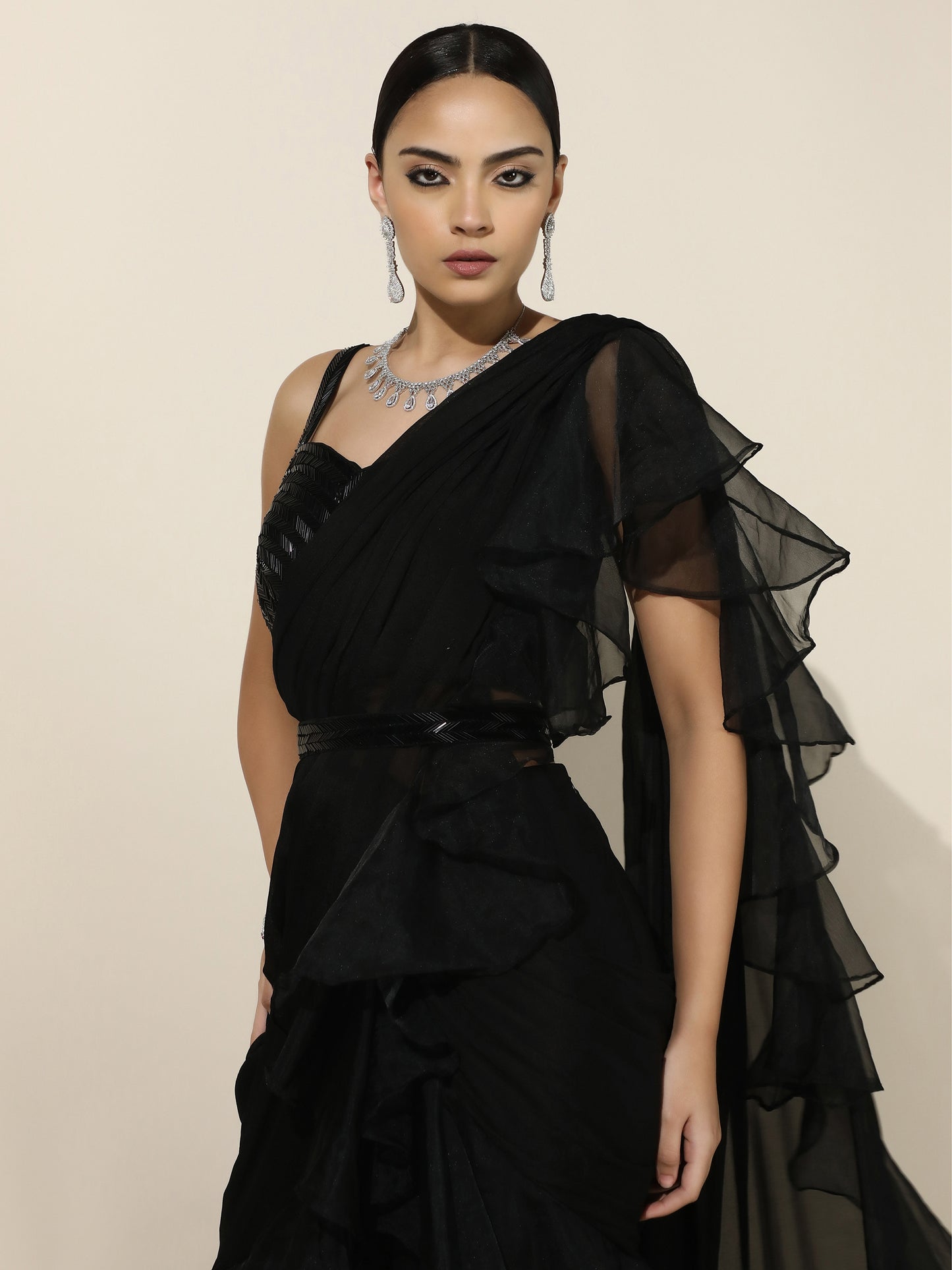 Black Crepe-Organza Ruffle Saree With Nalki Work Blouse