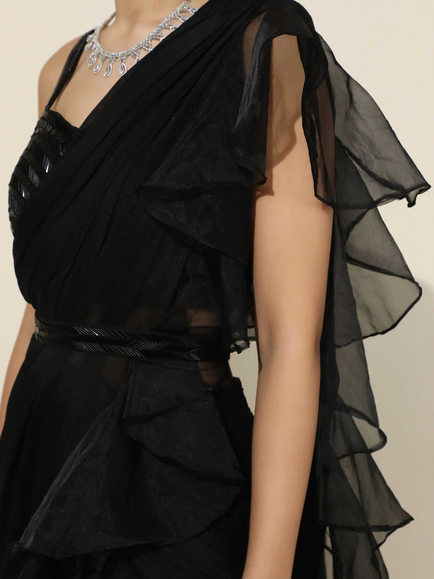 Black Crepe-Organza Ruffle Saree With Nalki Work Blouse