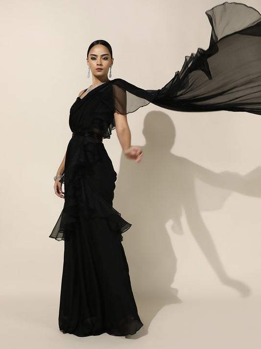 Black Crepe-Organza Ruffle Saree With Nalki Work Blouse