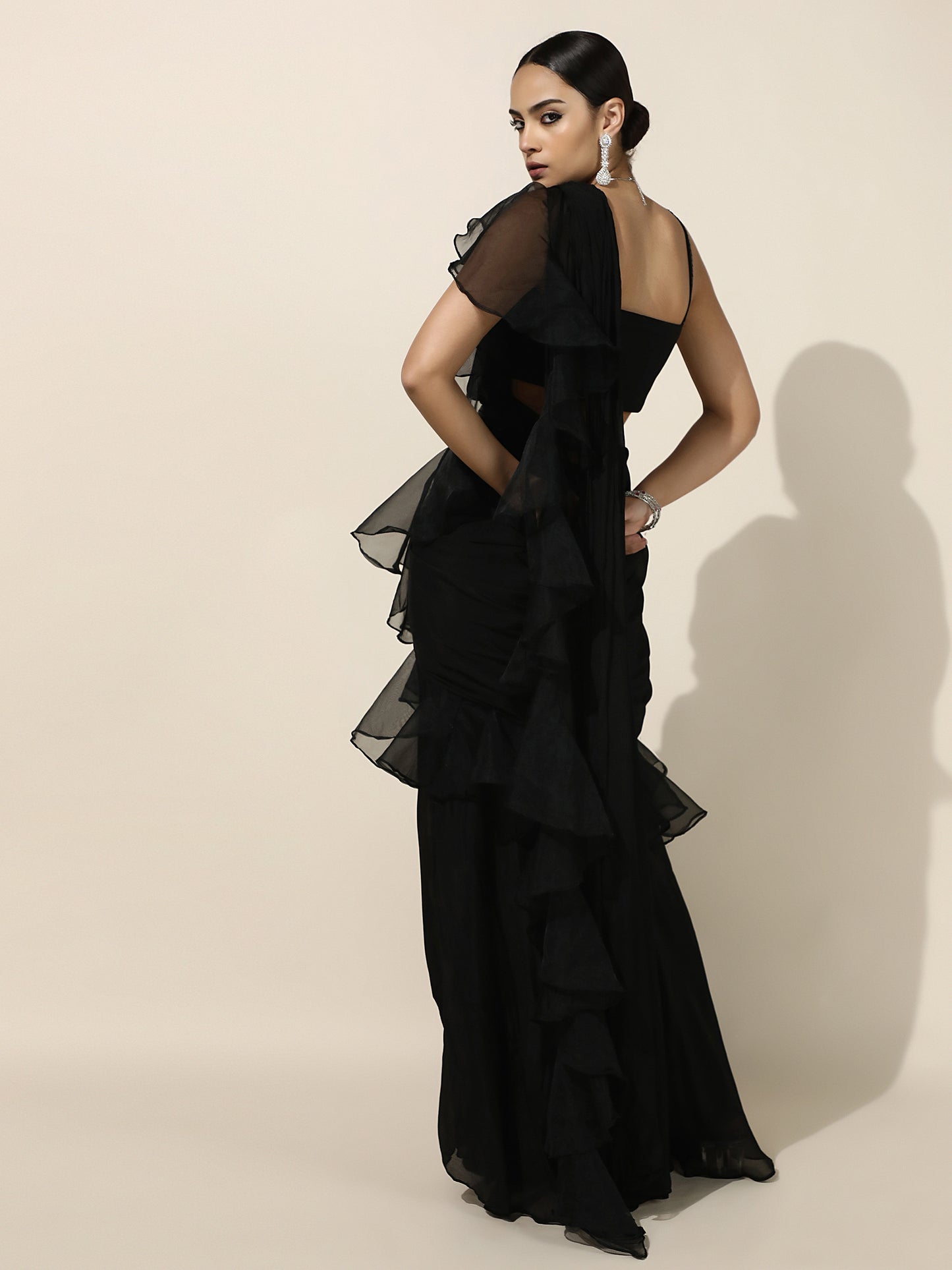 Black Crepe-Organza Ruffle Saree With Nalki Work Blouse