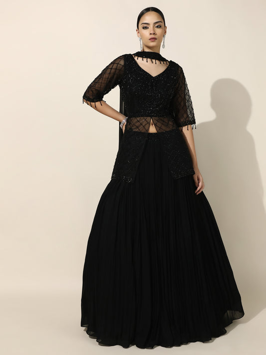 Black Indo-Western Jacket Style Lehenga with Choker Dupatta