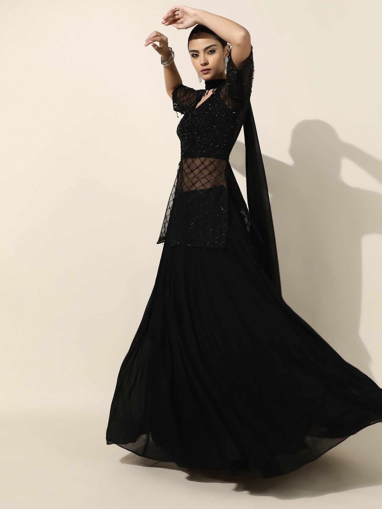 Black Indo-Western Jacket Style Lehenga with Choker Dupatta