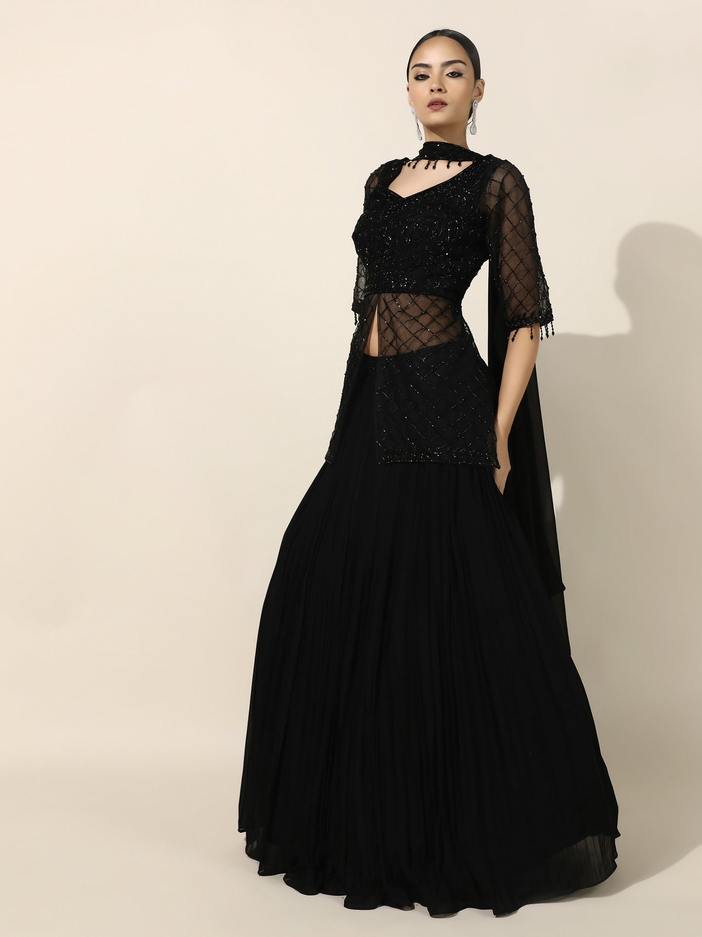 Black Indo-Western Jacket Style Lehenga with Choker Dupatta