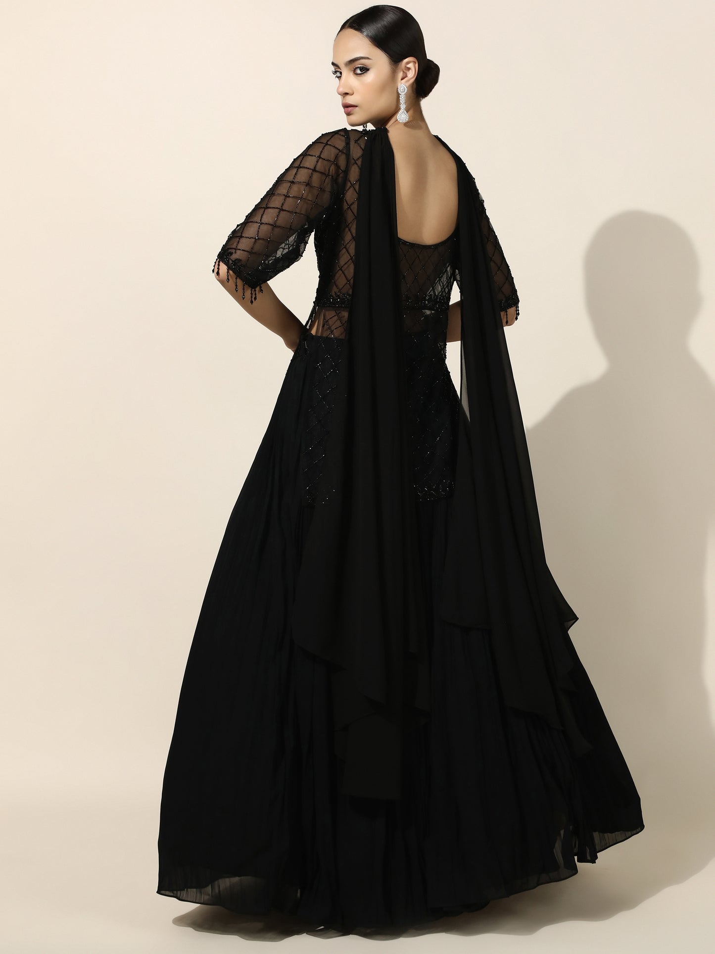 Black Indo-Western Jacket Style Lehenga with Choker Dupatta