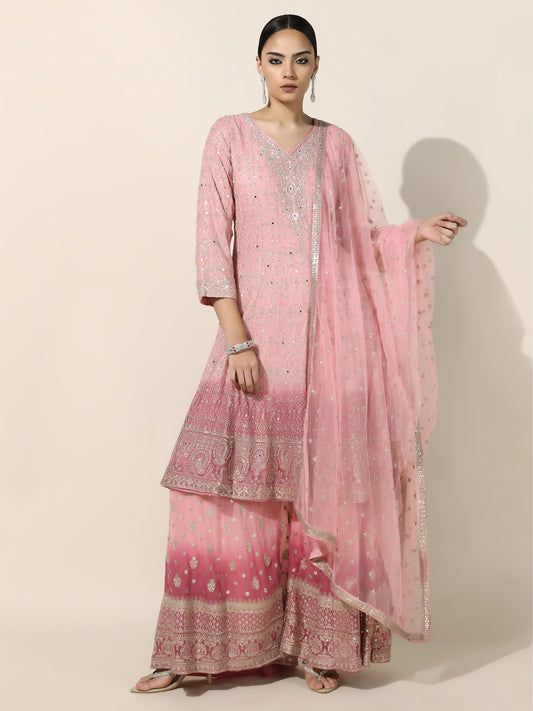 Rose and Pink Ombre Anarkali-Sharara Set