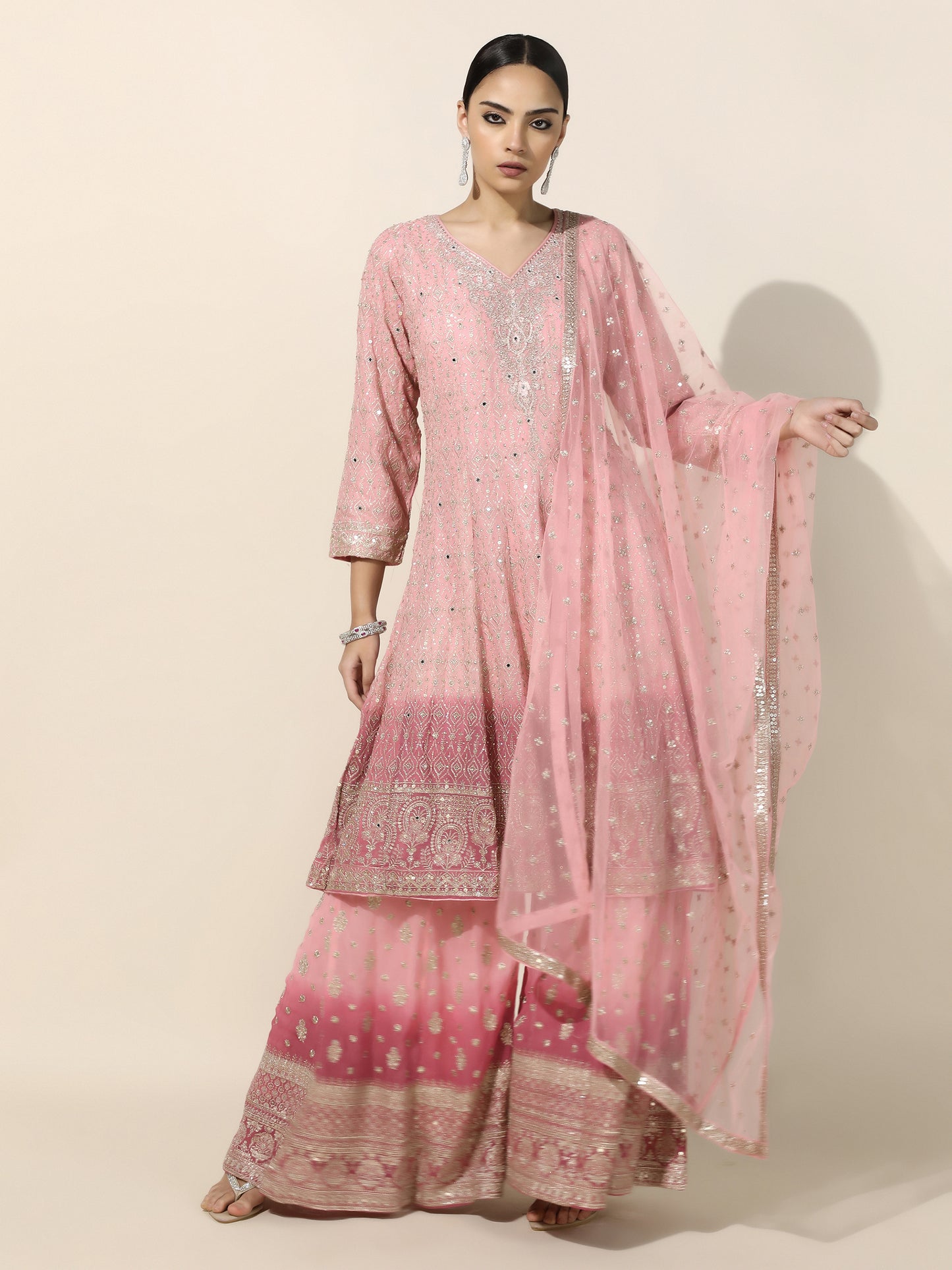 Rose and Pink Ombre Anarkali-Sharara Set