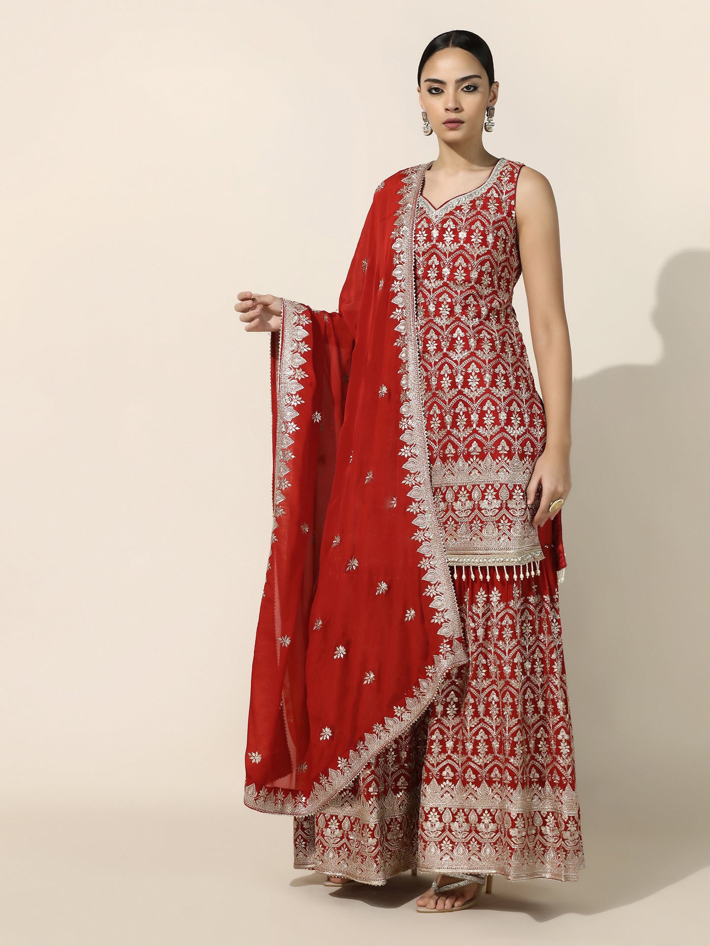 Rust Gharara Set with Silver Zari Embroidery and Georgette Dupatta