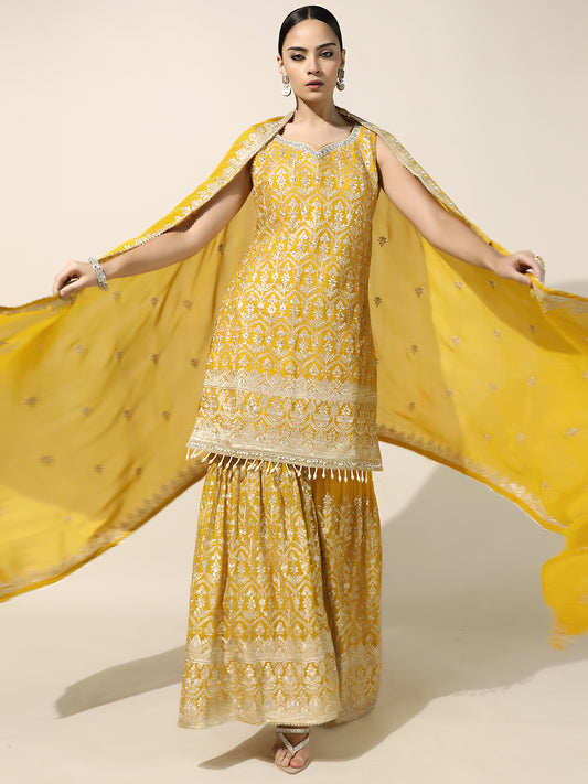 Yellow Gharara Set with Silver Zari Embroidery and Georgette Dupatta