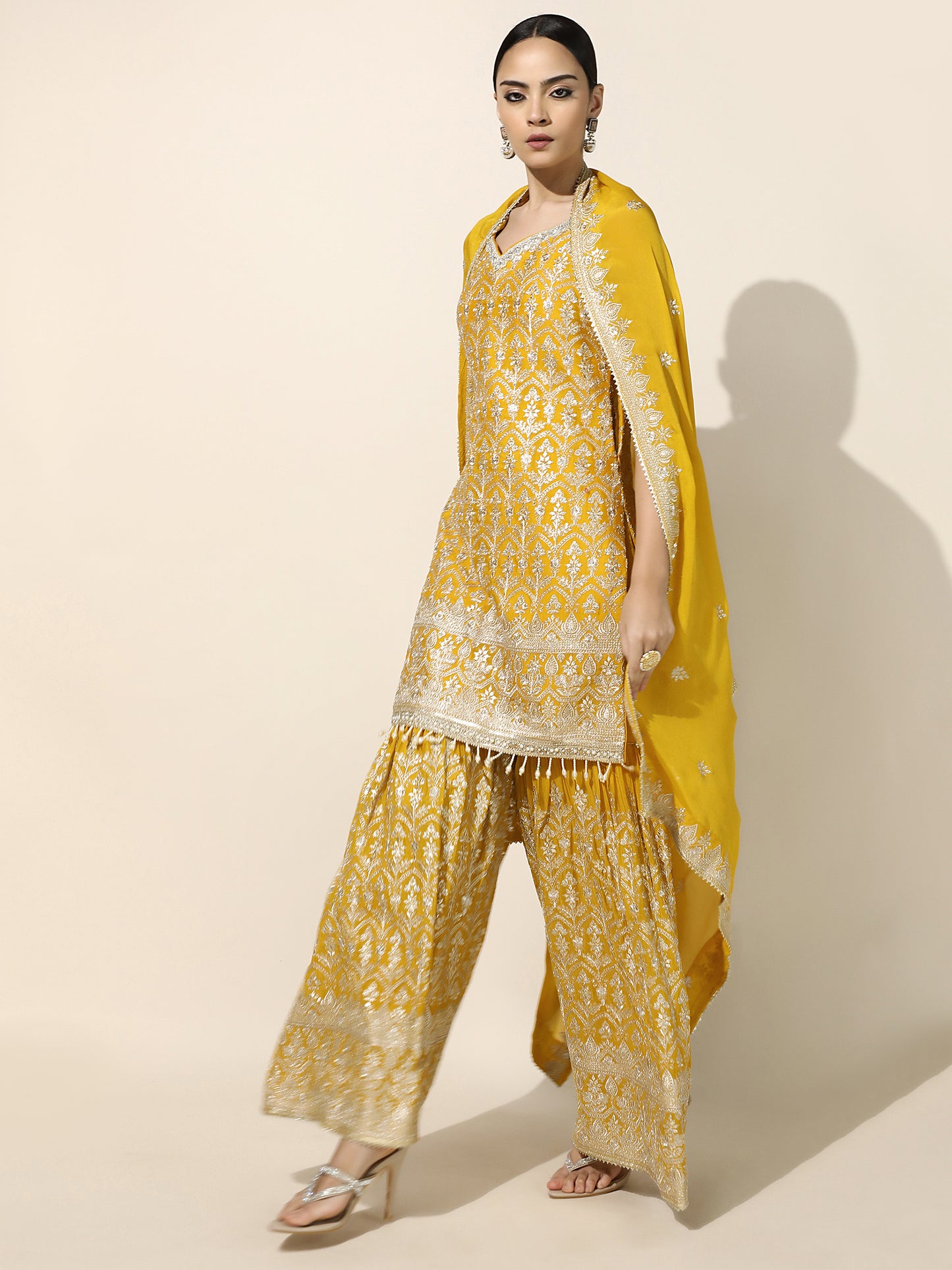 Yellow Gharara Set with Silver Zari Embroidery and Georgette Dupatta