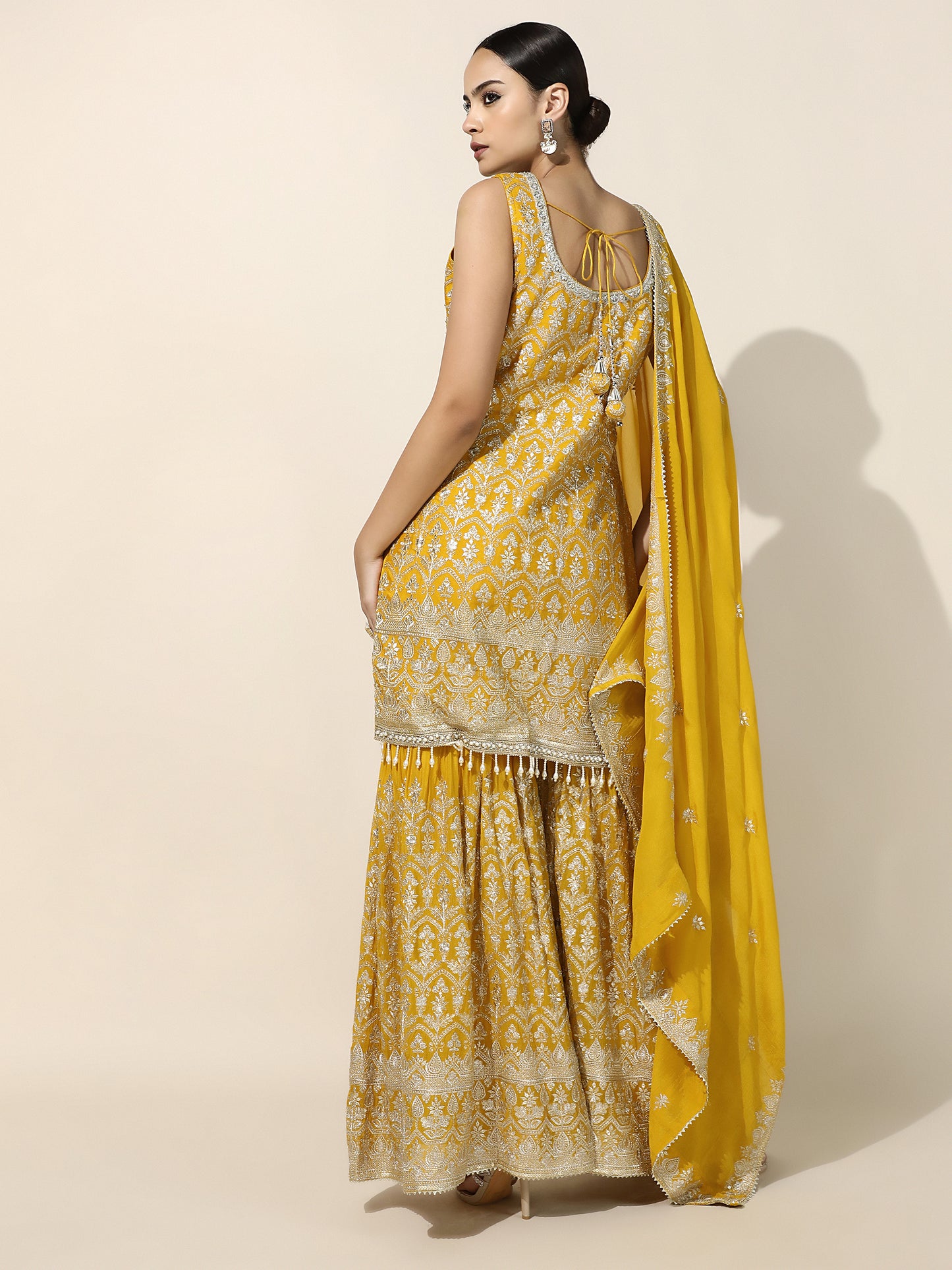 Yellow Gharara Set with Silver Zari Embroidery and Georgette Dupatta