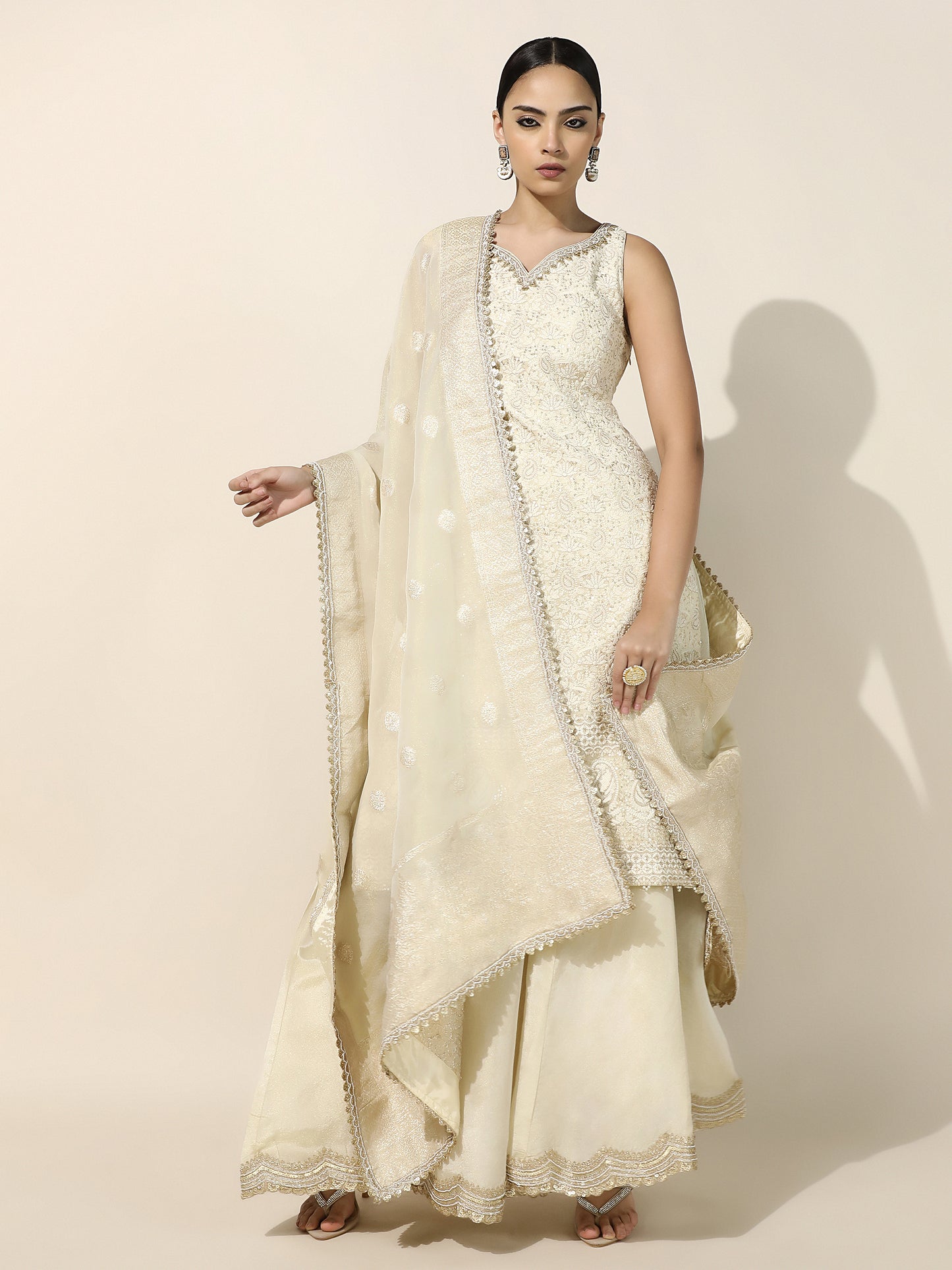 Ivory Chikankari Sharara Set with Brocade Silk Dupatta and Gold Embroidery