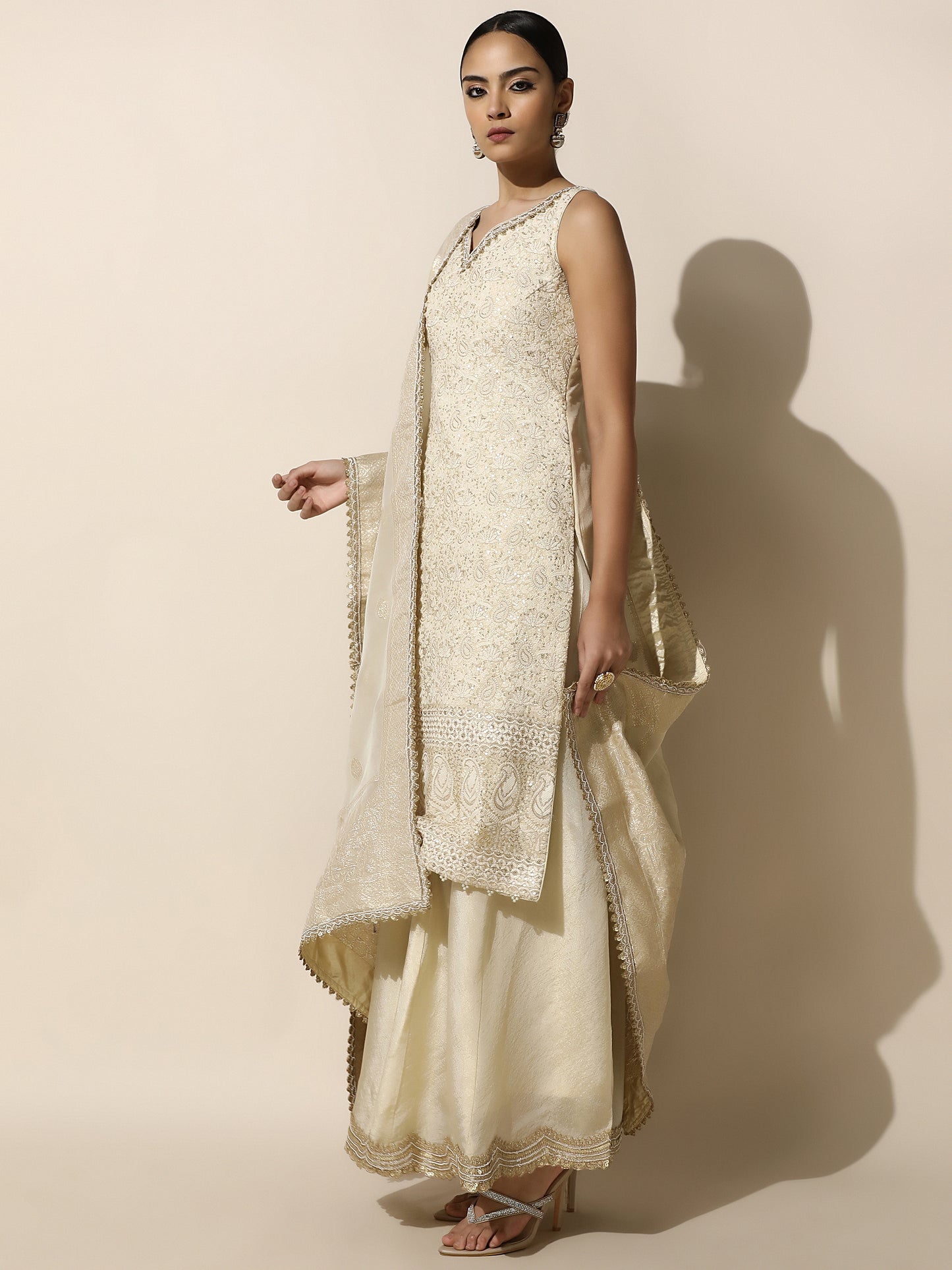 Ivory Chikankari Sharara Set with Brocade Silk Dupatta and Gold Embroidery