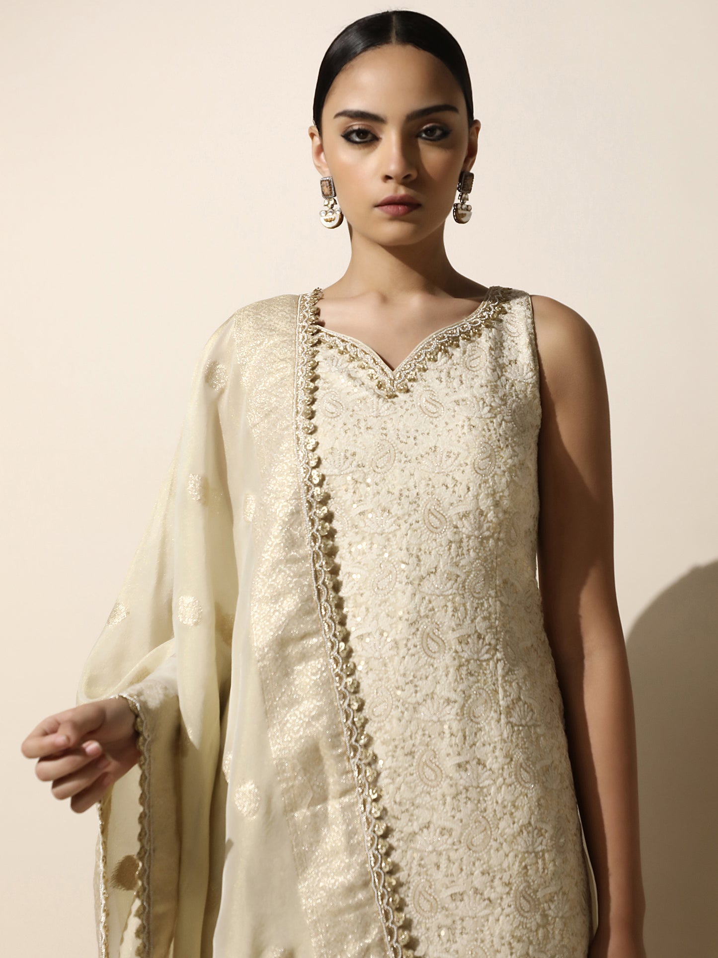Ivory Chikankari Sharara Set with Brocade Silk Dupatta and Gold Embroidery