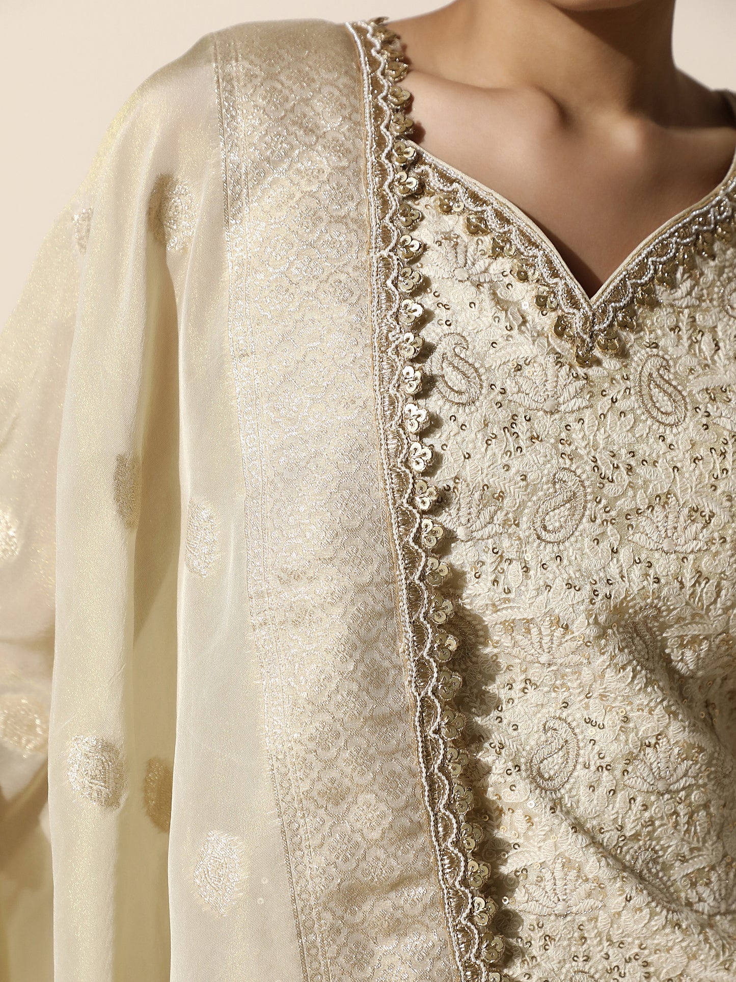 Ivory Chikankari Sharara Set with Brocade Silk Dupatta and Gold Embroidery