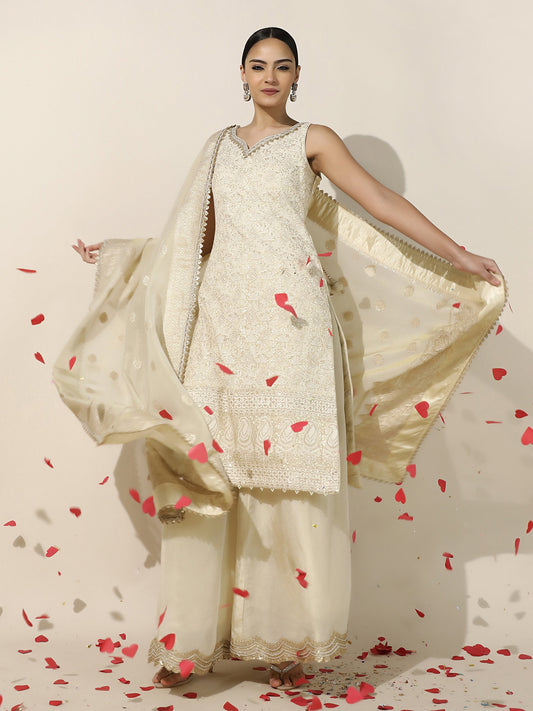 Ivory Chikankari Sharara Set with Brocade Silk Dupatta and Gold Embroidery