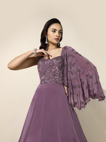 Purple Gown with Attached Cape And Frill Skirt