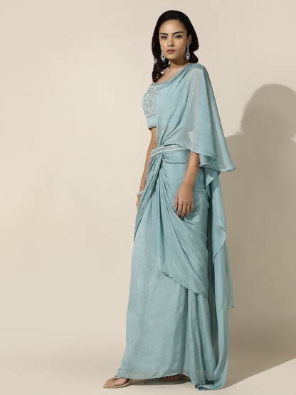 Sky Blue Chiffon Saree with Floral Embroidery - PreDraped