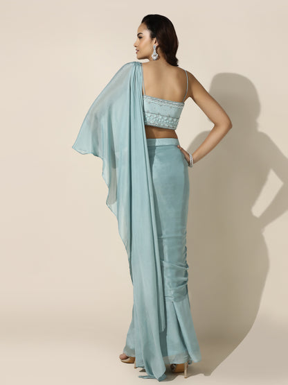 Sky Blue Chiffon Saree with Floral Embroidery - PreDraped