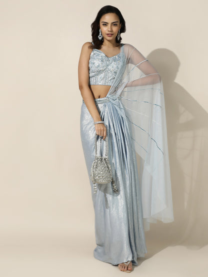 Sky Blue Shimmer Drape Saree with Corset Blouse and Sheer Shoulder Drape