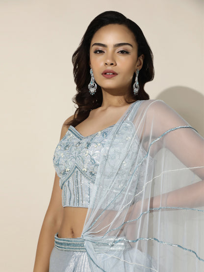 Sky Blue Shimmer Drape Saree with Corset Blouse and Sheer Shoulder Drape