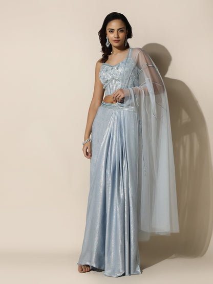 Sky Blue Shimmer Drape Saree with Corset Blouse and Sheer Shoulder Drape