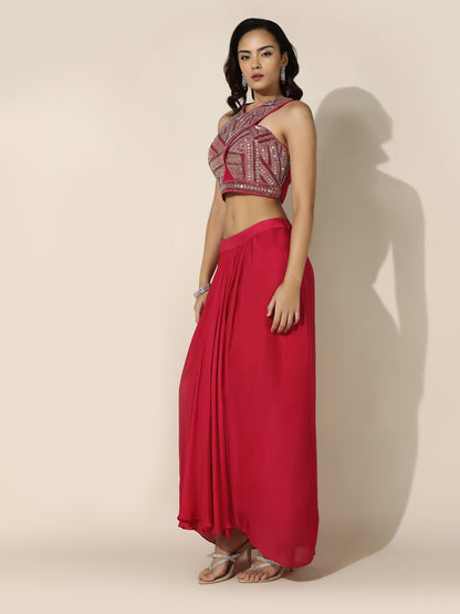 Hot Pink Haulter Drape Cord-Set With Sheer Cape