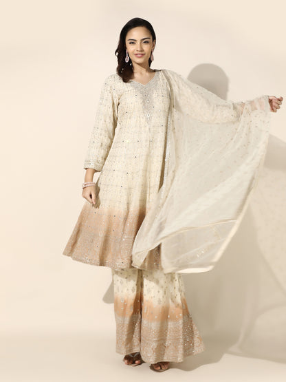 Ivory And Peach Ombre Anarkali-Sharara Set
