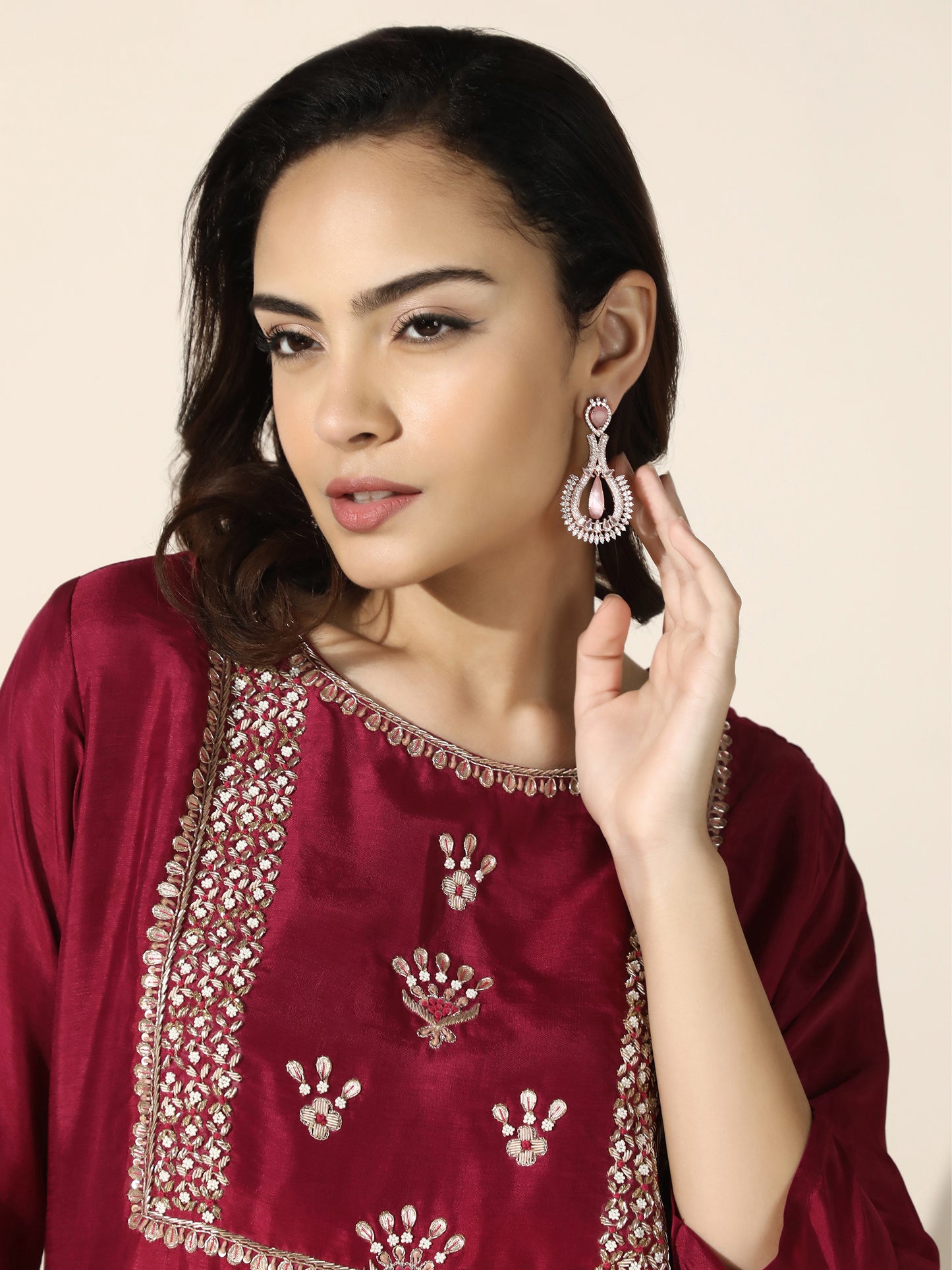 Crimson Silk Gharara Set with Dabka Embroidery and Scalloped Organza Dupatta