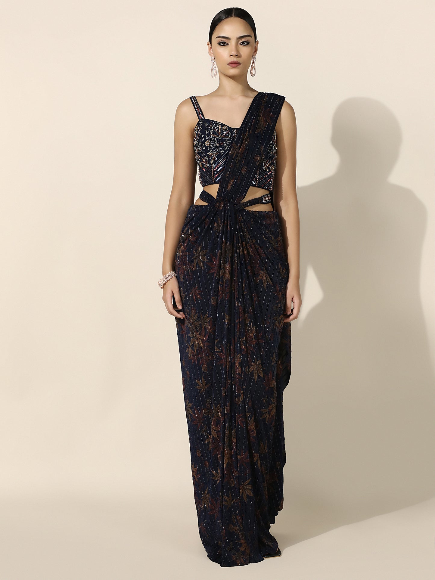 Midnight Blue Printed Vintage Inspired Corset Drape Saree with Front Knot and Belt Detail