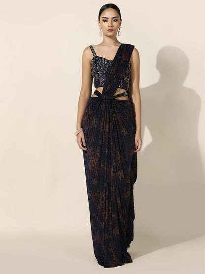 Midnight Blue Printed Vintage Inspired Corset Drape Saree with Front Knot and Belt Detail