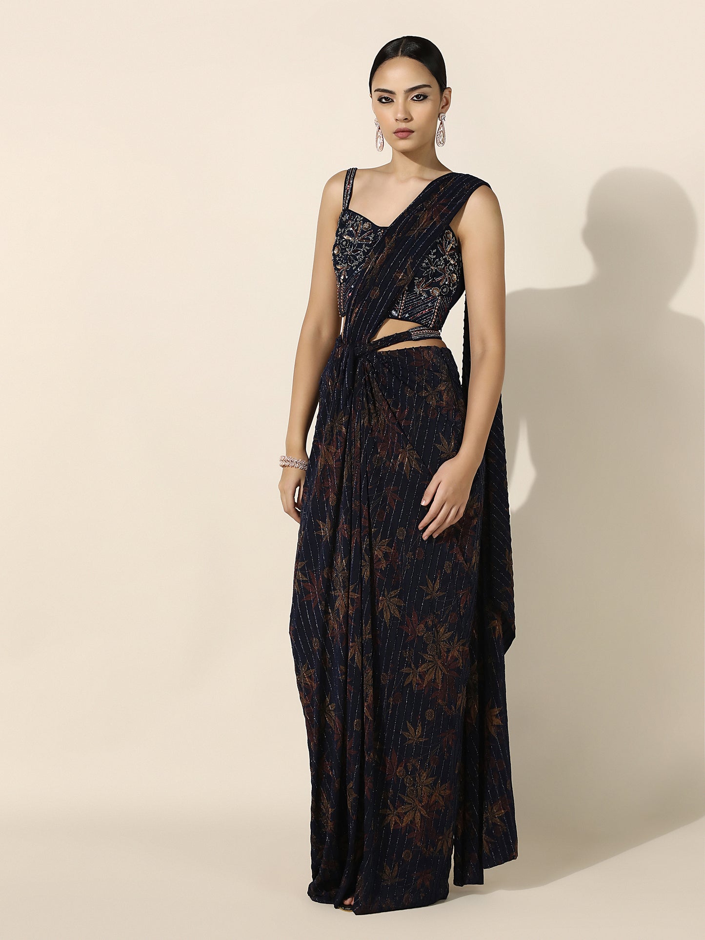 Midnight Blue Printed Vintage Inspired Corset Drape Saree with Front Knot and Belt Detail