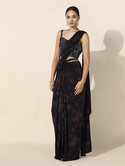 Midnight Blue Printed Vintage Inspired Corset Drape Saree with Front Knot and Belt Detail