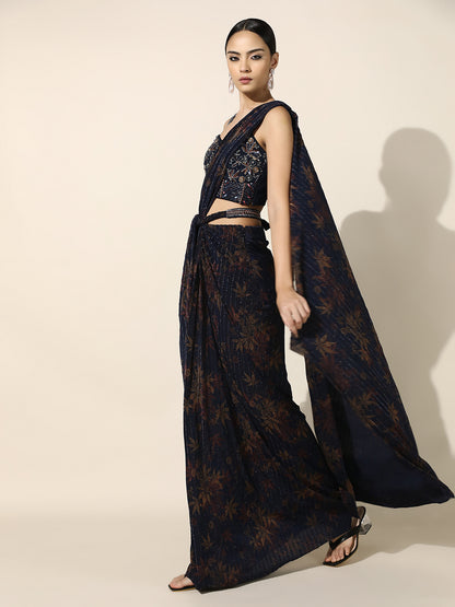 Midnight Blue Printed Vintage Inspired Corset Drape Saree with Front Knot and Belt Detail
