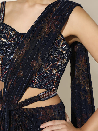 Midnight Blue Printed Vintage Inspired Corset Drape Saree with Front Knot and Belt Detail