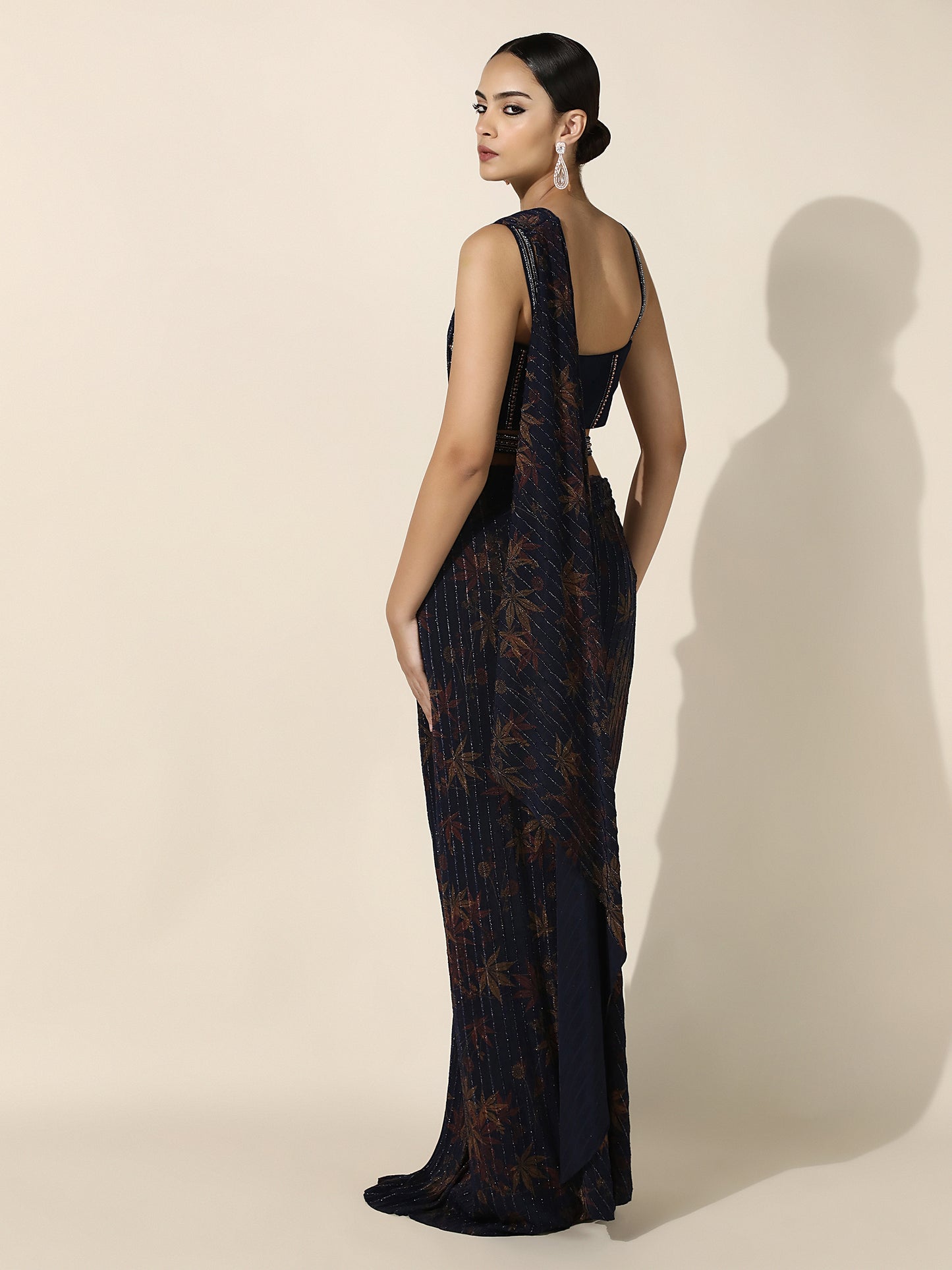 Midnight Blue Printed Vintage Inspired Corset Drape Saree with Front Knot and Belt Detail