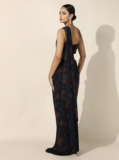 Midnight Blue Printed Vintage Inspired Corset Drape Saree with Front Knot and Belt Detail