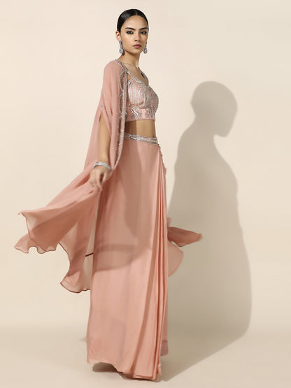 Rose Gold Sequin Work Drape Set with Pleated Skirt and Sheer Cape