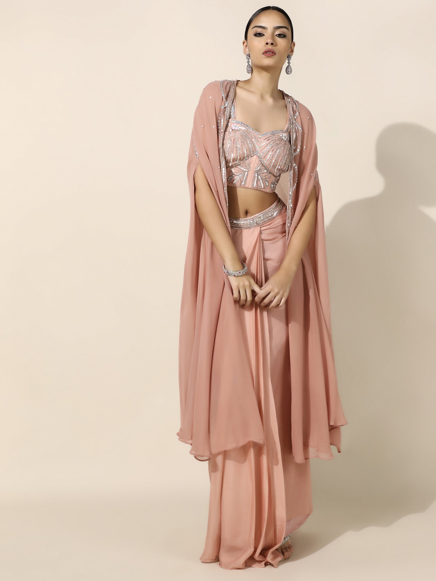 Rose Gold Sequin Work Drape Set with Pleated Skirt and Sheer Cape