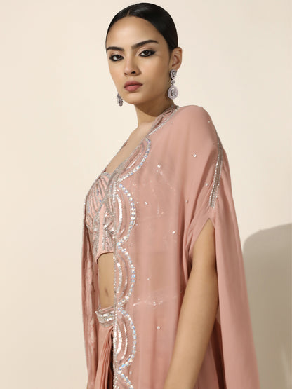 Rose Gold Sequin Work Drape Set with Pleated Skirt and Sheer Cape