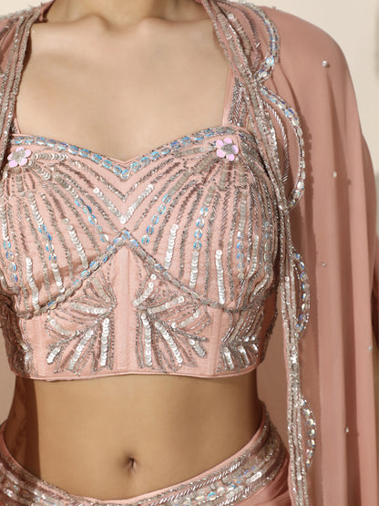 Rose Gold Sequin Work Drape Set with Pleated Skirt and Sheer Cape