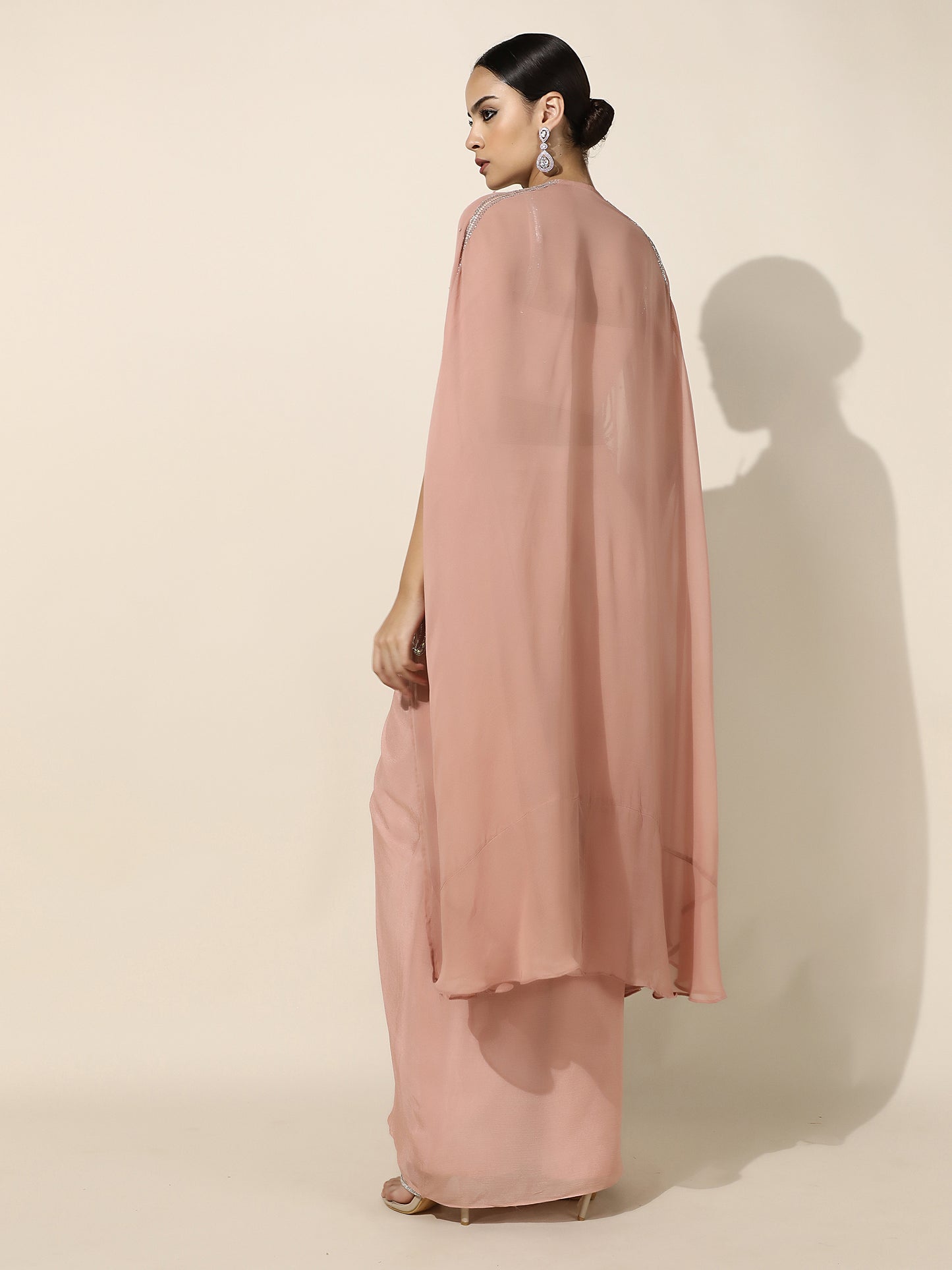 Rose Gold Sequin Work Drape Set with Pleated Skirt and Sheer Cape