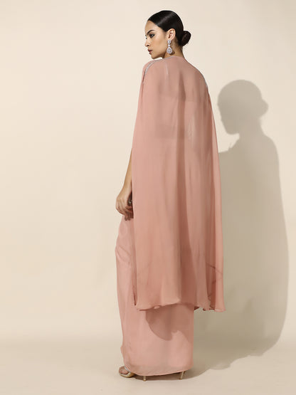 Rose Gold Sequin Work Drape Set with Pleated Skirt and Sheer Cape