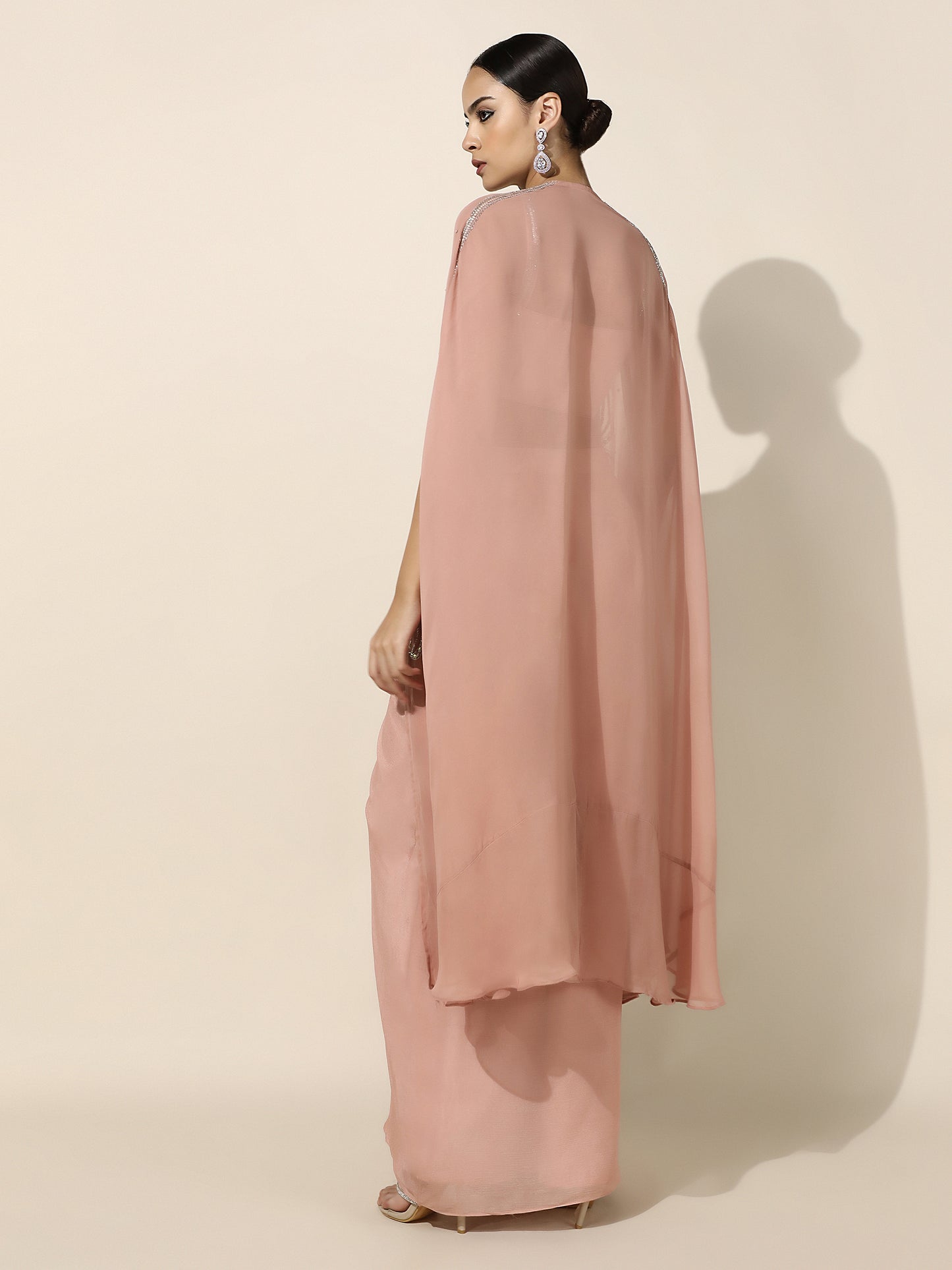 Rose Gold Sequin Work Drape Set with Pleated Skirt and Sheer Cape