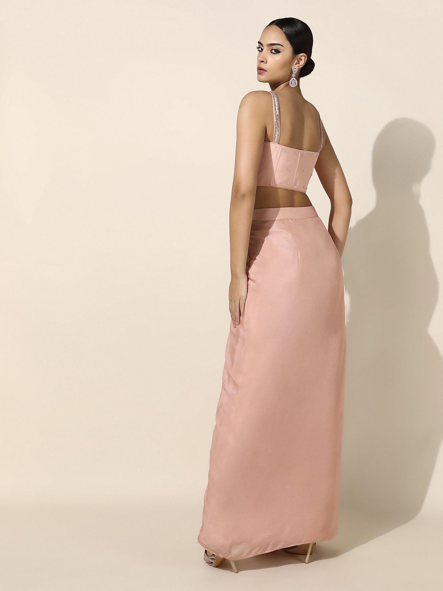 Rose Gold Sequin Work Drape Set with Pleated Skirt and Sheer Cape