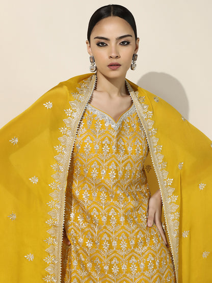 Yellow Gharara Set with Silver Zari Embroidery and Georgette Dupatta